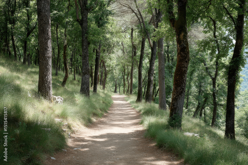 Fototapeta premium serene summer forest path in montenegro surrounded by lush greenery and dappled sunlight filtering through trees
