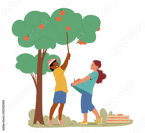 Boy and girl children cartoon character plucking fruits knocking down ripe apricots with branch
