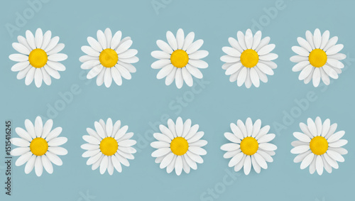 Daisy chamomile icon set. White camomile. Cute round flower head plant collection. Different shape. Love card symbol. Growing concept. Simple flat design. Isolated. Blue background Vector illustration