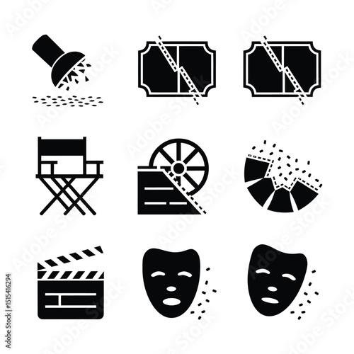 vector icons for cinema, Director's Chair , theatrical roles, video tape, cinema shattered spotlight, Theater Ticket
