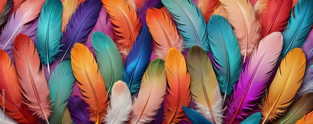 Fototapeta premium Colorful bird feathers in a vibrant rainbow pile as natural background. Bright quill plumage texture for art design and creative project.