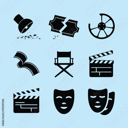 vector icons for cinema, Director's Chair , theatrical roles, video tape, cinema shattered spotlight, Theater Ticket
