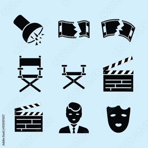 vector icons for cinema, Director's Chair , theatrical roles, video tape, cinema shattered spotlight, Theater Ticket
