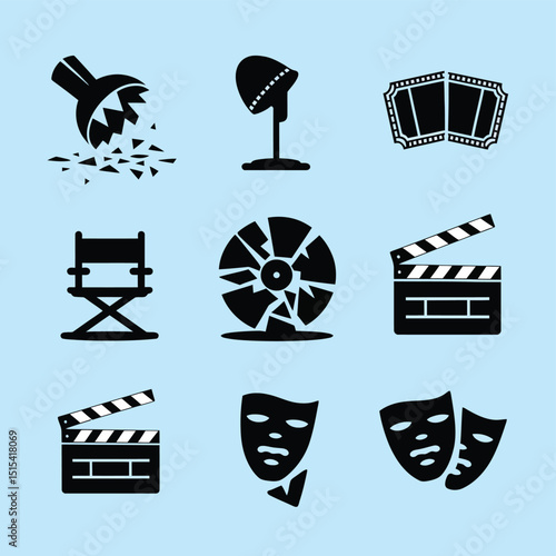 vector icons for cinema, Director's Chair , theatrical roles, video tape, cinema shattered spotlight, Theater Ticket
