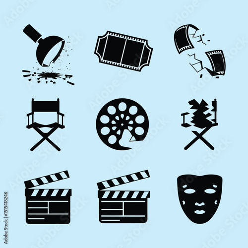 vector icons for cinema, Director's Chair , theatrical roles, video tape, cinema shattered spotlight, Theater Ticket
