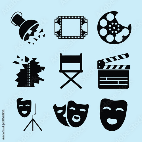 vector icons for cinema, Director's Chair , theatrical roles, video tape, cinema shattered spotlight, Theater Ticket
