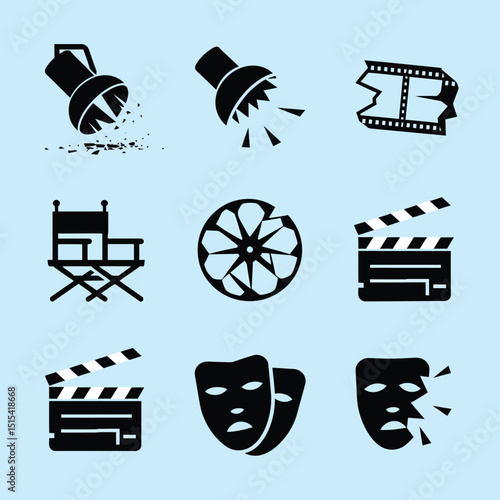 vector icons for cinema, Director's Chair , theatrical roles, video tape, cinema shattered spotlight, Theater Ticket
