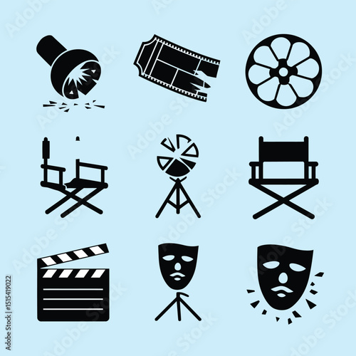 vector icons for cinema, Director's Chair , theatrical roles, video tape, cinema shattered spotlight, Theater Ticket
