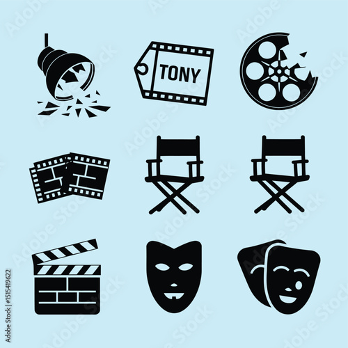 vector icons for cinema, Director's Chair , theatrical roles, video tape, cinema shattered spotlight, Theater Ticket
