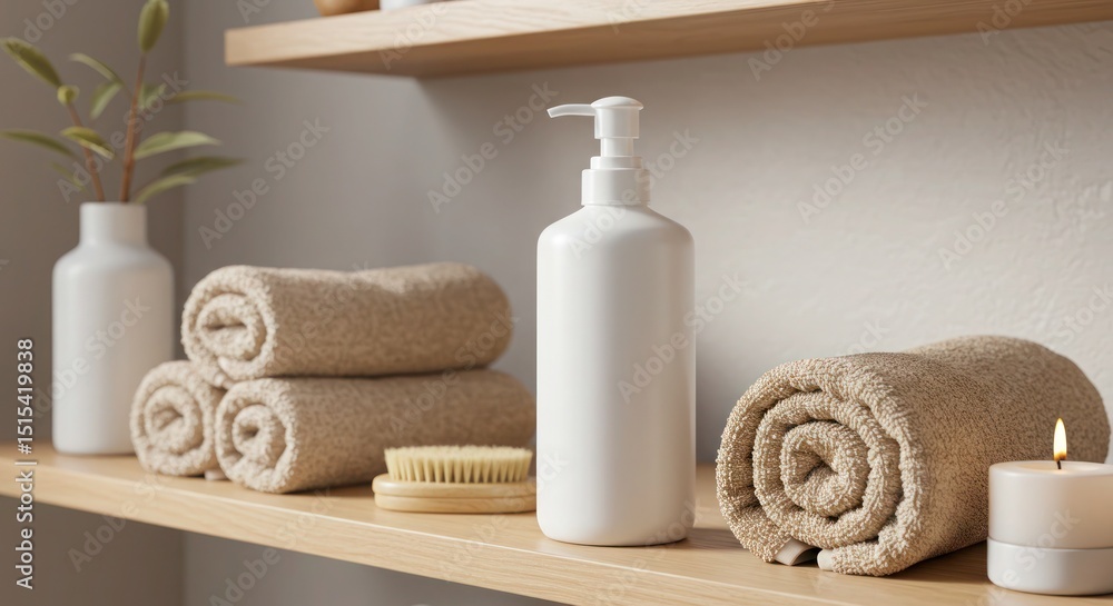Spa shelf featuring toiletries and rolled towels Spa shelf featuring toiletries and rolled towels