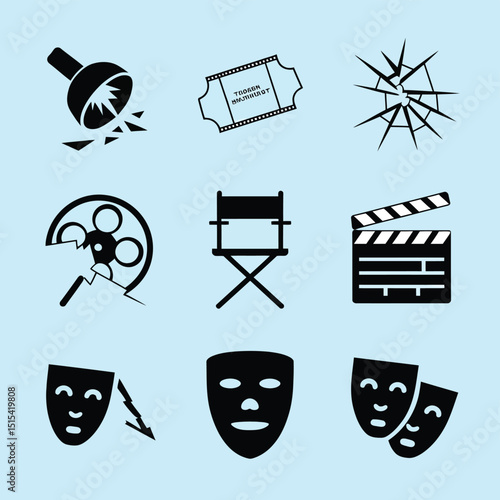 vector icons for cinema, Director's Chair , theatrical roles, video tape, cinema shattered spotlight, Theater Ticket
