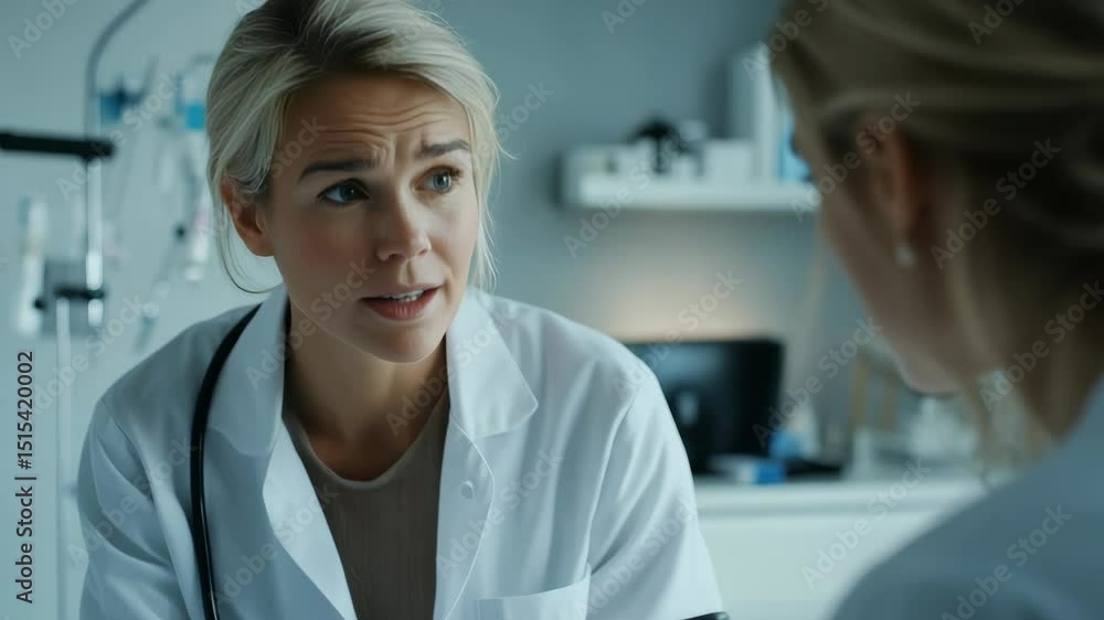 A woman doctor is talking to another woman in a white lab coat. The woman doctor is looking at the other woman with a concerned expression A woman doctor is talking to another woman in a white lab coat. The woman doctor is looking at the other woman with a concerned expression