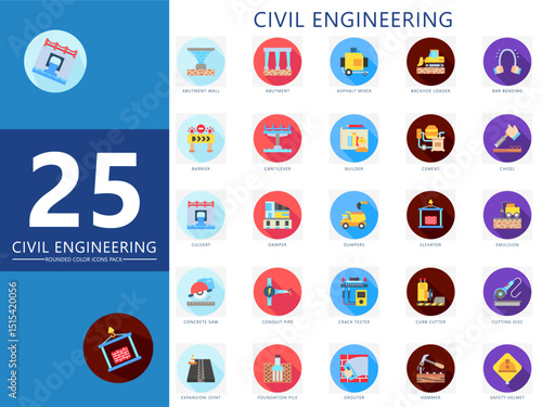 Civil engineering rounded color icon pack. Contain abutment wall, barrier, cement, dumper, elevator, hammer, grouter, pile and more. Vector for industry, construction, UI, UX, web and app development.