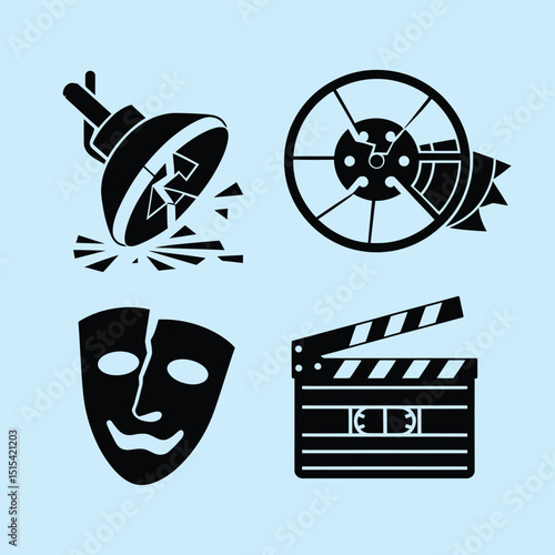 vector icons for cinema, Director's Chair , theatrical roles, video tape, cinema shattered spotlight, Theater Ticket
