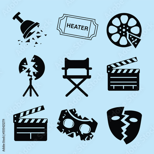vector icons for cinema, Director's Chair , theatrical roles, video tape, cinema shattered spotlight, Theater Ticket
