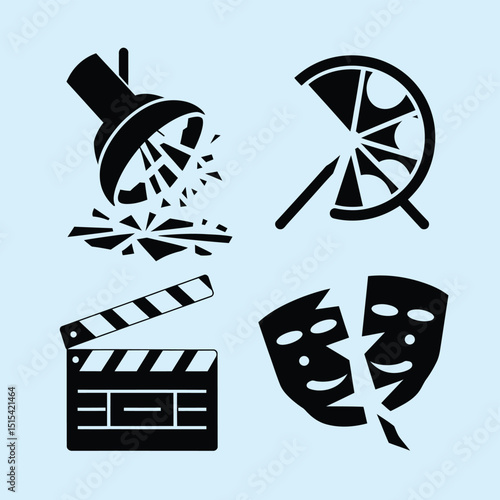 vector icons for cinema, Director's Chair , theatrical roles, video tape, cinema shattered spotlight, Theater Ticket

