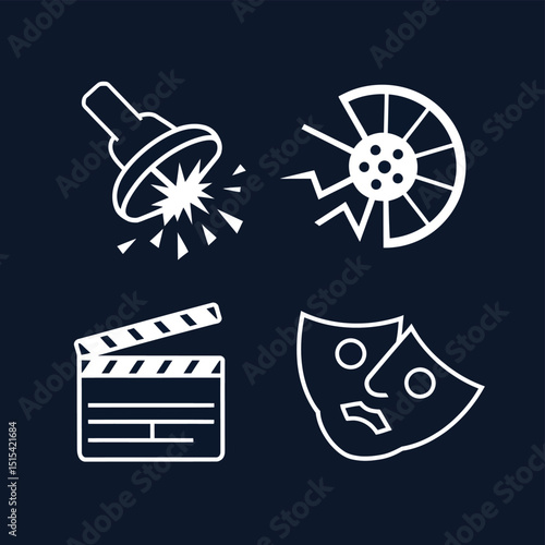 vector icons for cinema, Director's Chair , theatrical roles, video tape, cinema shattered spotlight, Theater Ticket
