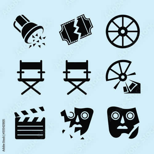 vector icons for cinema, Director's Chair , theatrical roles, video tape, cinema shattered spotlight, Theater Ticket
