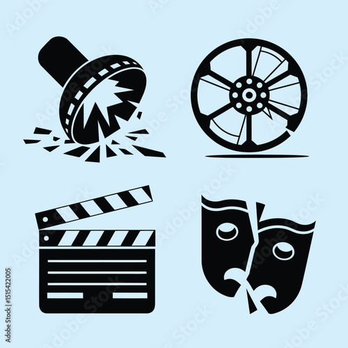 vector icons for cinema, Director's Chair , theatrical roles, video tape, cinema shattered spotlight, Theater Ticket

