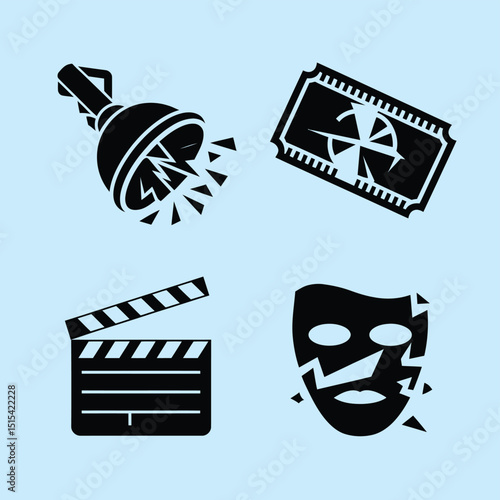 vector icons for cinema, Director's Chair , theatrical roles, video tape, cinema shattered spotlight, Theater Ticket

