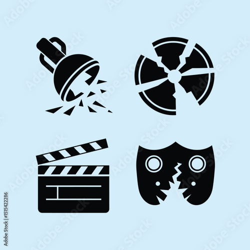vector icons for cinema, Director's Chair , theatrical roles, video tape, cinema shattered spotlight, Theater Ticket
