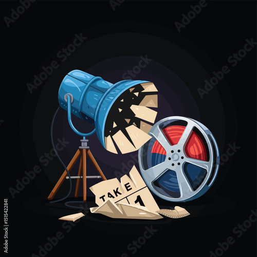 vector icons for cinema, Director's Chair , theatrical roles, video tape, cinema shattered spotlight, Theater Ticket
