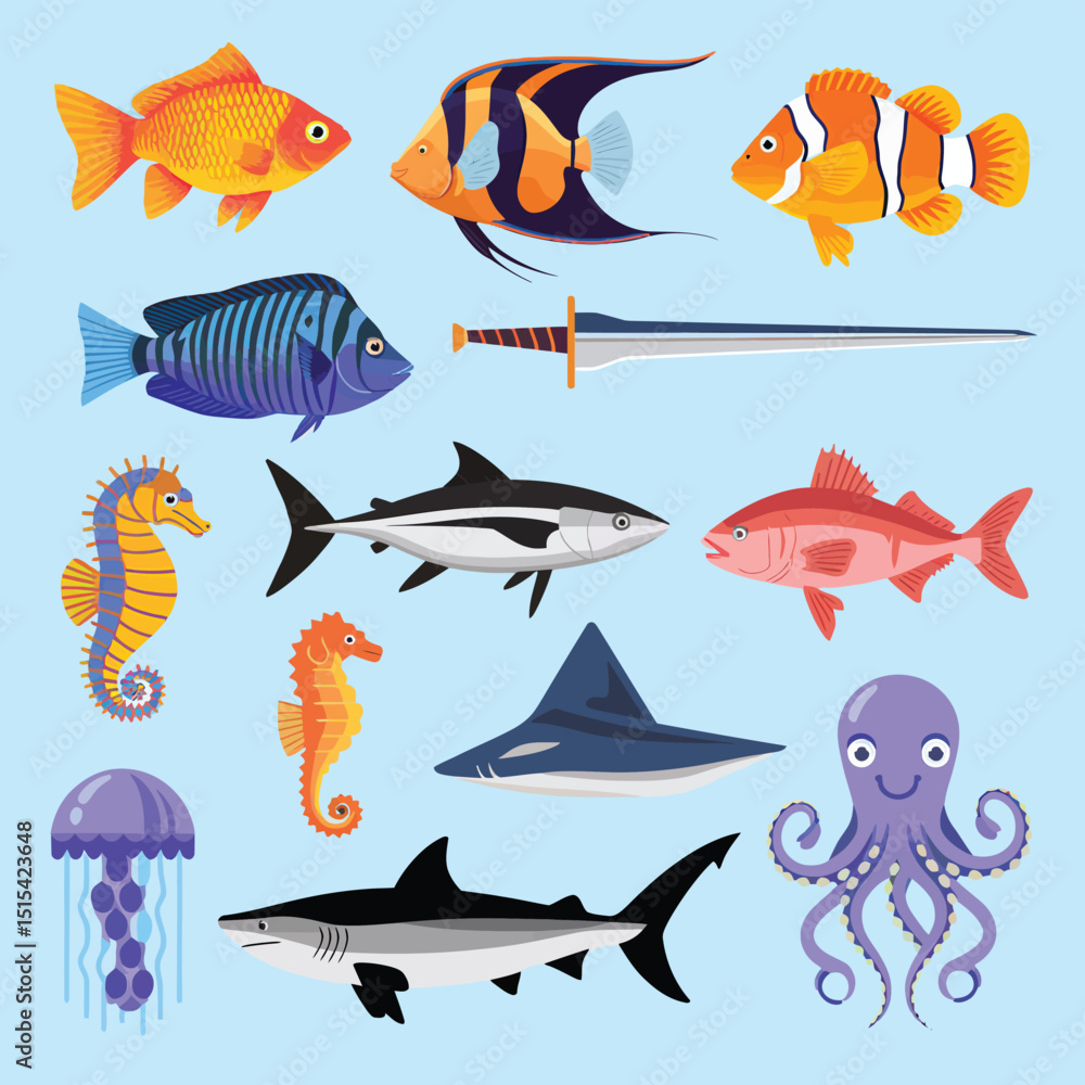 Naklejka premium illustrations vector design for sea beach marine creatures icon sword tail fish design items
