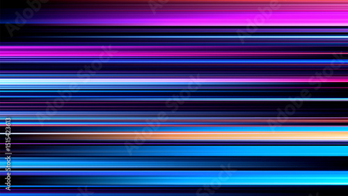Glowing horizontal stripes in cool electric tones move at incredible speed. Modern technology concept, data flow, progress in motion. Digital highway of light flowing with intensity and motion. Vector
