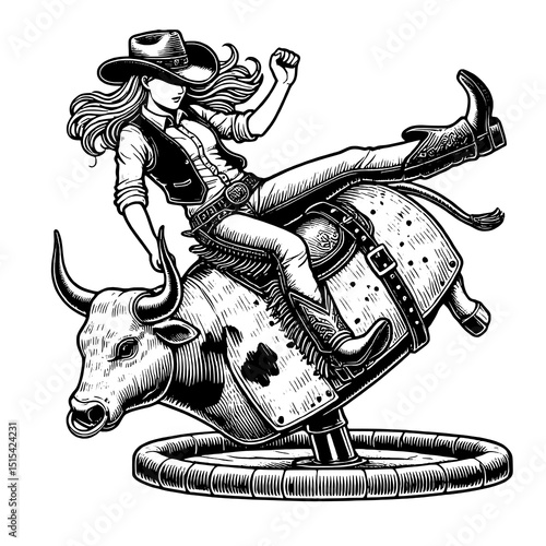 Cowgirl Riding Mechanical Bull Vector Illustration