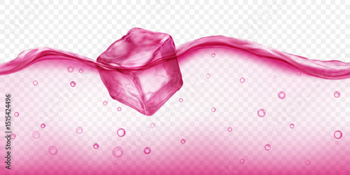 Large translucent red ice cube floating in water with air bubbles, isolated on transparent background. Transparency only in vector format.