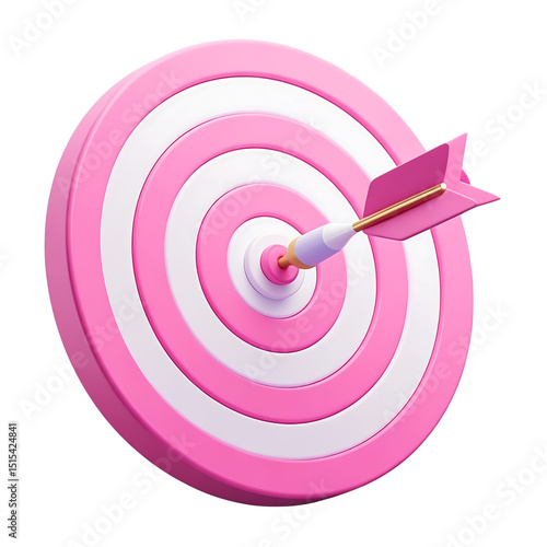 Pink and white dartboard with arrow in bullseye isolated on transparent background
