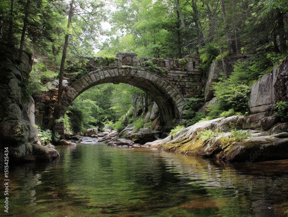 Scenic Stone Bridge Spanning Clear Stream in a Forested Mountain Valley Scenic Stone Bridge Spanning Clear Stream in a Forested Mountain Valley