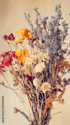 A bouquet of dried flowers with a yellow flower in the middle. The flowers are arranged in a vase and are placed on a table