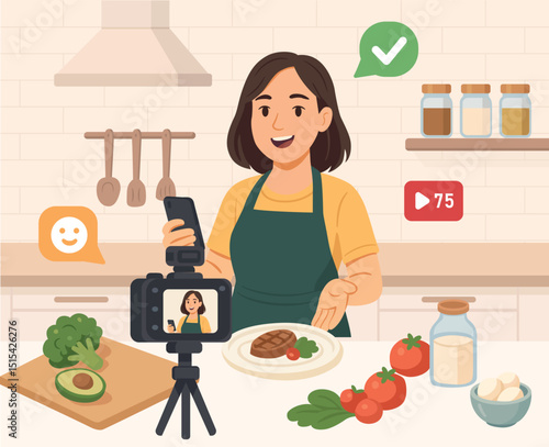 illustration of a food bloguer who is cooking with vegetables in a kitchent and she is filming the process