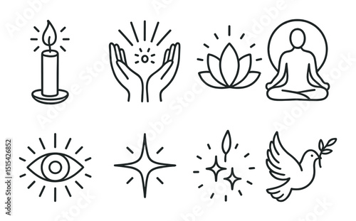 Spiritual enlightenment outline icons set – meditation, mindfulness and harmony symbols