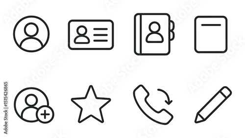 Minimalist contact icons set – outline, communication and directory symbols