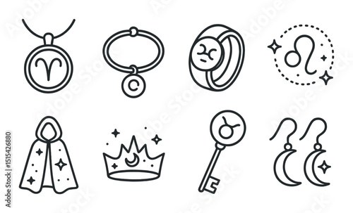 Zodiac accessories linear icons set – outline, astrology and horoscope symbols