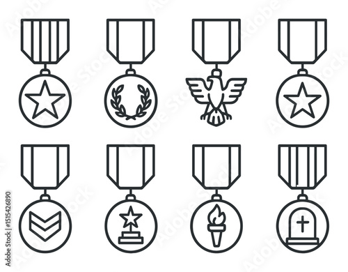 Military medals outline icons set – silhouette, award and honor design symbols