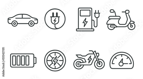 Electric vehicle line icons set – outline, eco transport and sustainable mobility symbols