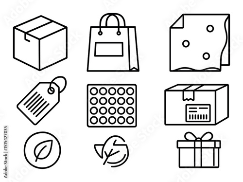 Retail packaging outline icons set – linear, shipping and wrap design elements