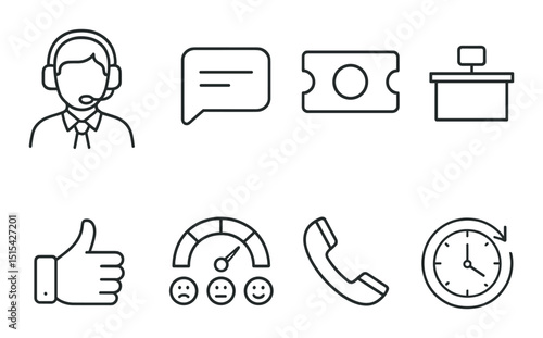 Customer support line icons set – outline, service and assistance symbols