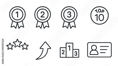 Leaderboard icons set – outline style, ranking, competition, achievement symbols