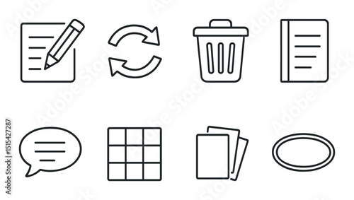 Story editing icons set – outline, writing and composition tools in simple style