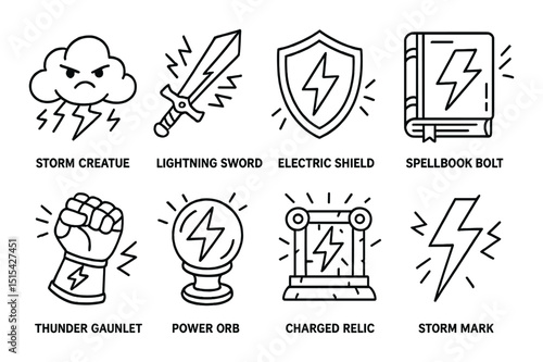 Fantasy storm outline icons set – magic, mystical and enchanted design elements