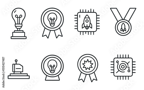 Innovation award linear icons set – outline, achievement and recognition symbols