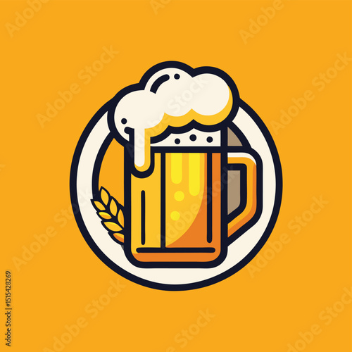 Vector illustration of a frothy beer mug design with barley on a vibrant yellow background showcasing brewery culture and enjoyment