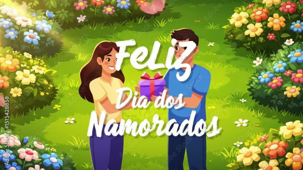 Homem dando presente pea sua namorada em uma ilustração de jardim