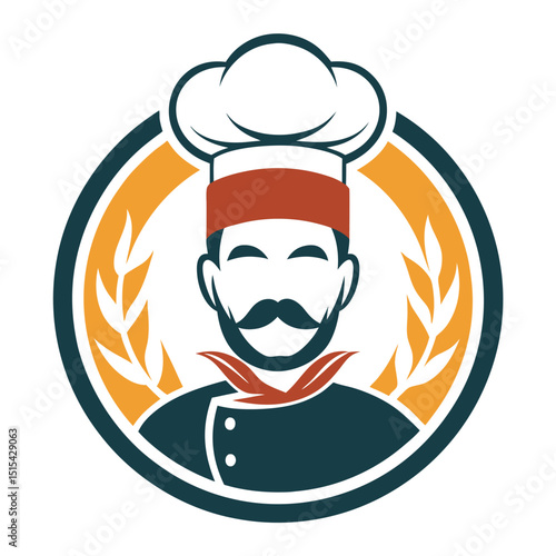 Chef logo design symbolizing culinary expertise with smiling chef wearing a hat and neckerchief, surrounded by wheat and circular elements in a modern vector style