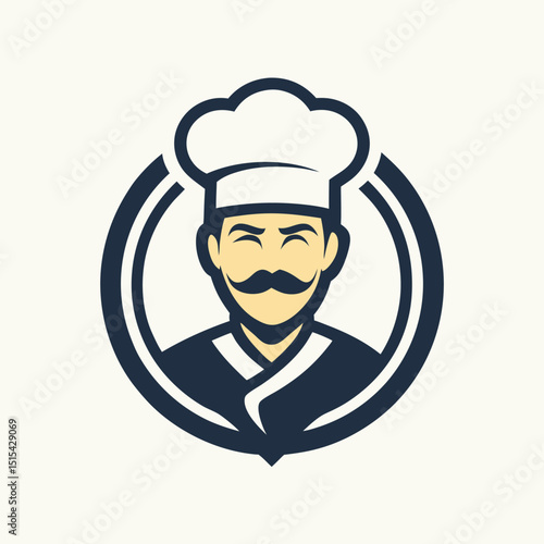 Chef logo design symbolizing culinary expertise with smiling chef wearing a hat and neckerchief, surrounded by wheat and circular elements in a modern vector style