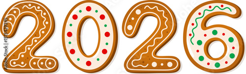 2026 gingerbread cookies with colorful icing. New Year banner. Winter holiday theme vector illustration.